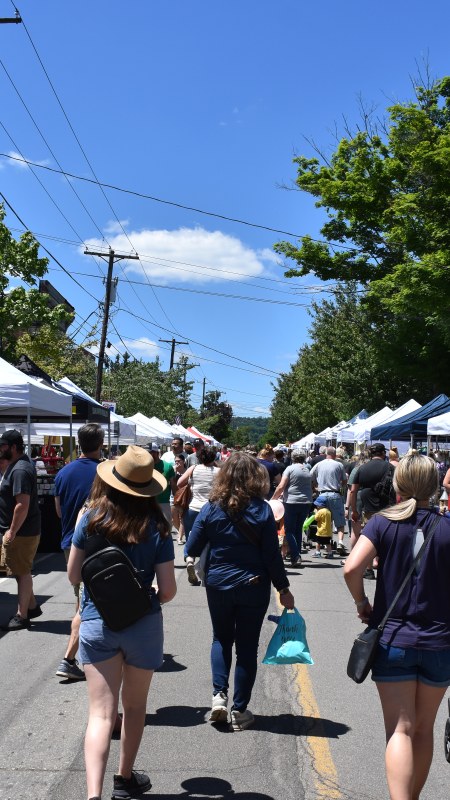People strolling Main Street lined with Vendors for Arts and Crafts event