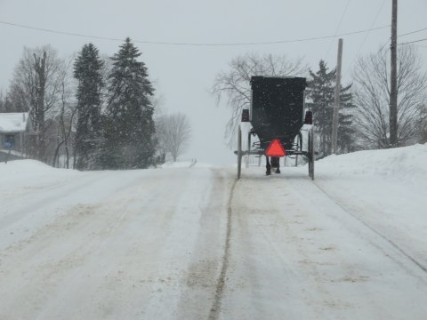 Amish Buggy on the crest of a snow-covered road in Feb. 2014