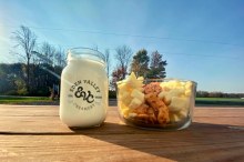 Finished cheese curd and glass of milk