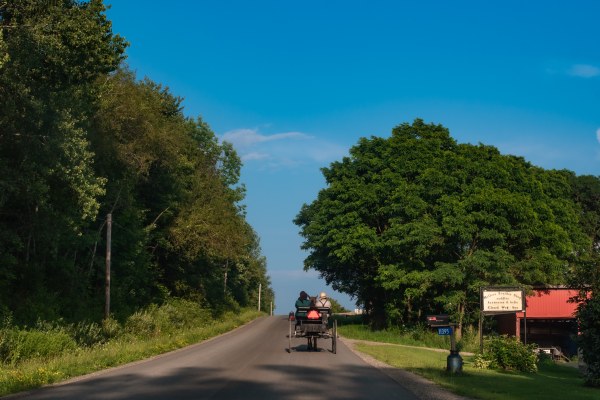 Horse and buggie passing Miller's Leather Shop